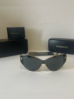 Versace Black Shield Sunglasses with Gold Trim